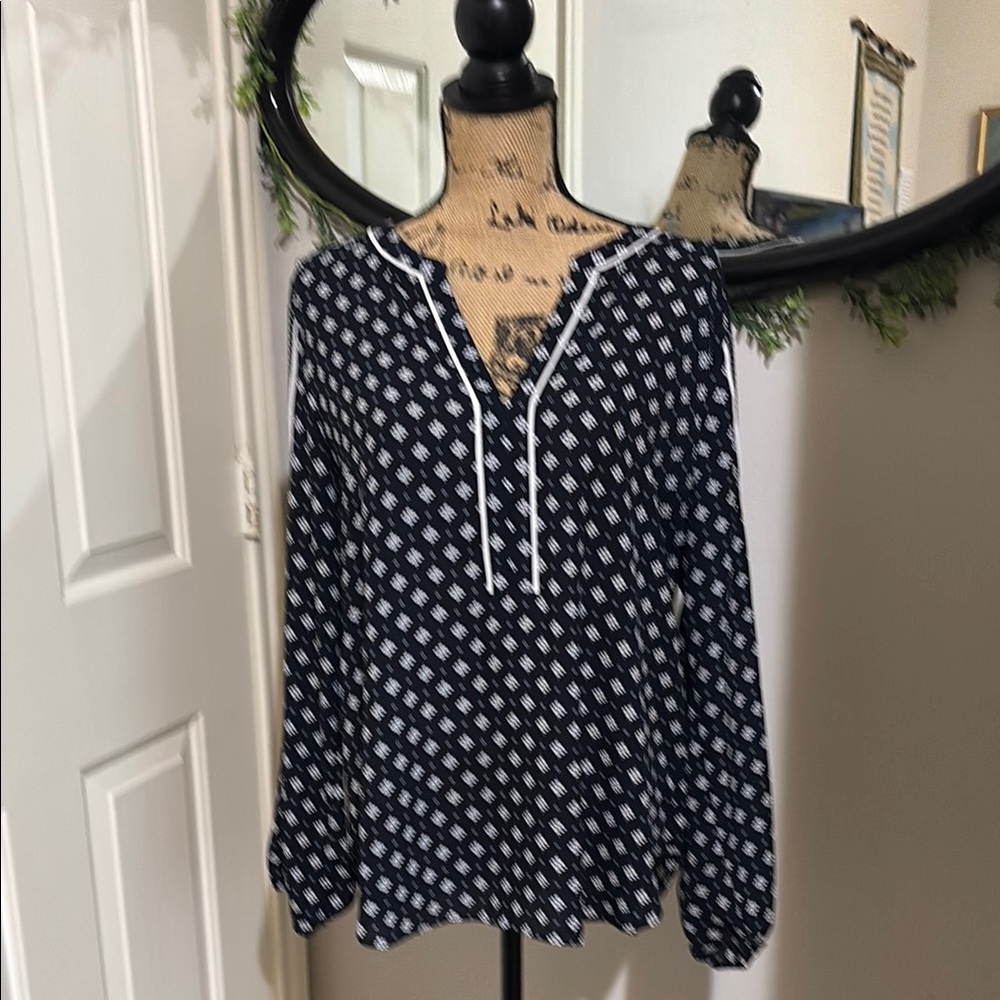 LOFT Blue Puff Sleeve Blouse with Mandarin Collar